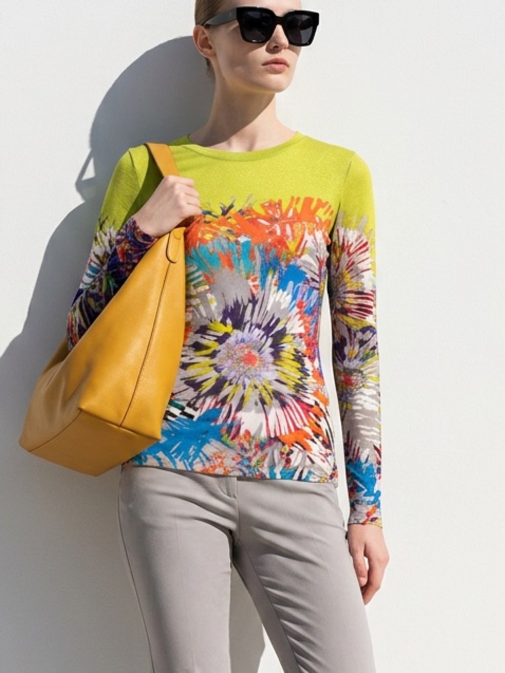 BCBGMaxAzria Multicolor Abstract Long Sleeve Cotton T -Shirt Top
